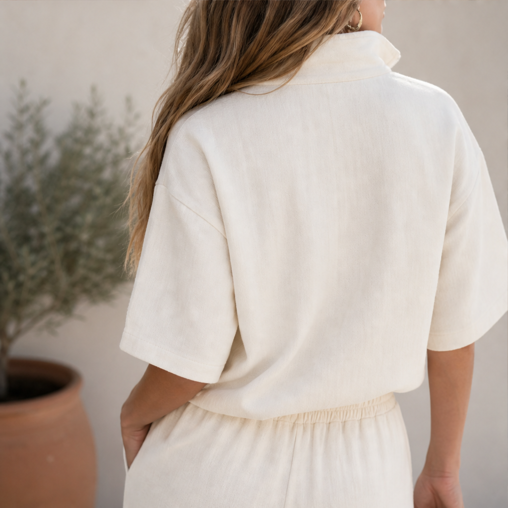 Cream Zip Neck Top and Trousers Set | Casual Two-Piece Loungewear - Wide Leg Drawstring Trousers lifestyle