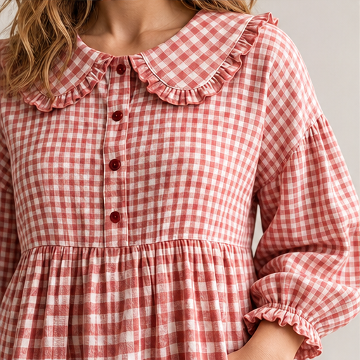 Red Gingham Top | Ruffled Peter Pan Collar Blouse - Puff Sleeve Casual Shirt for Women lifestyle