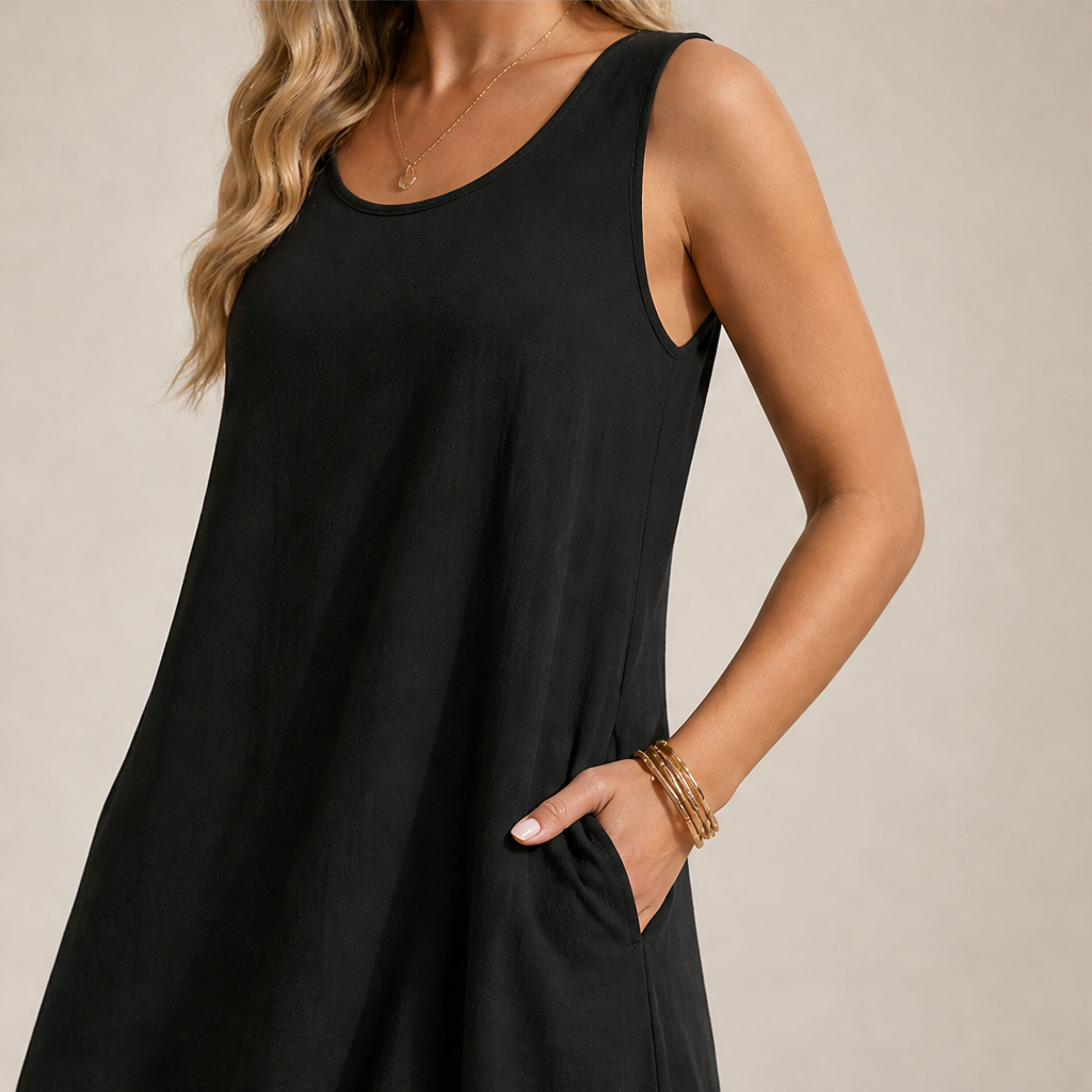 Marielle Women's Sleeveless Ruffle Hem Midi Dress with Dual Front Pockets - Casual Cotton Blend Summer Dress lifestyle