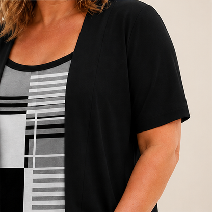 Black Fake Two Piece Top | Colour-Block Layered Look Blouse - Short Sleeve Cardigan Style lifestyle