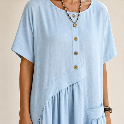 Sky Blue Cotton Linen Maxi Dress | Short Sleeve Button-Front Summer Dress with Pockets lifestyle