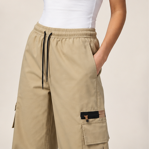 Khaki Cargo Trousers | Relaxed Fit Stretch Utility Pants - Women's Wide Leg with Pockets lifestyle