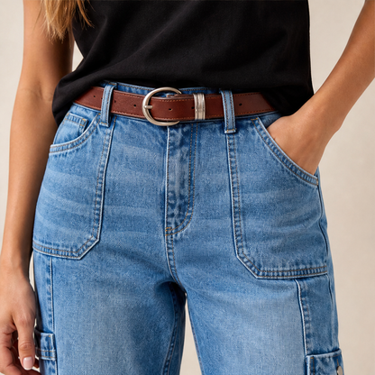 Light Blue Denim Cropped Jeans | Stretchy Cargo Capri Trousers for Women - Cropped Length lifestyle