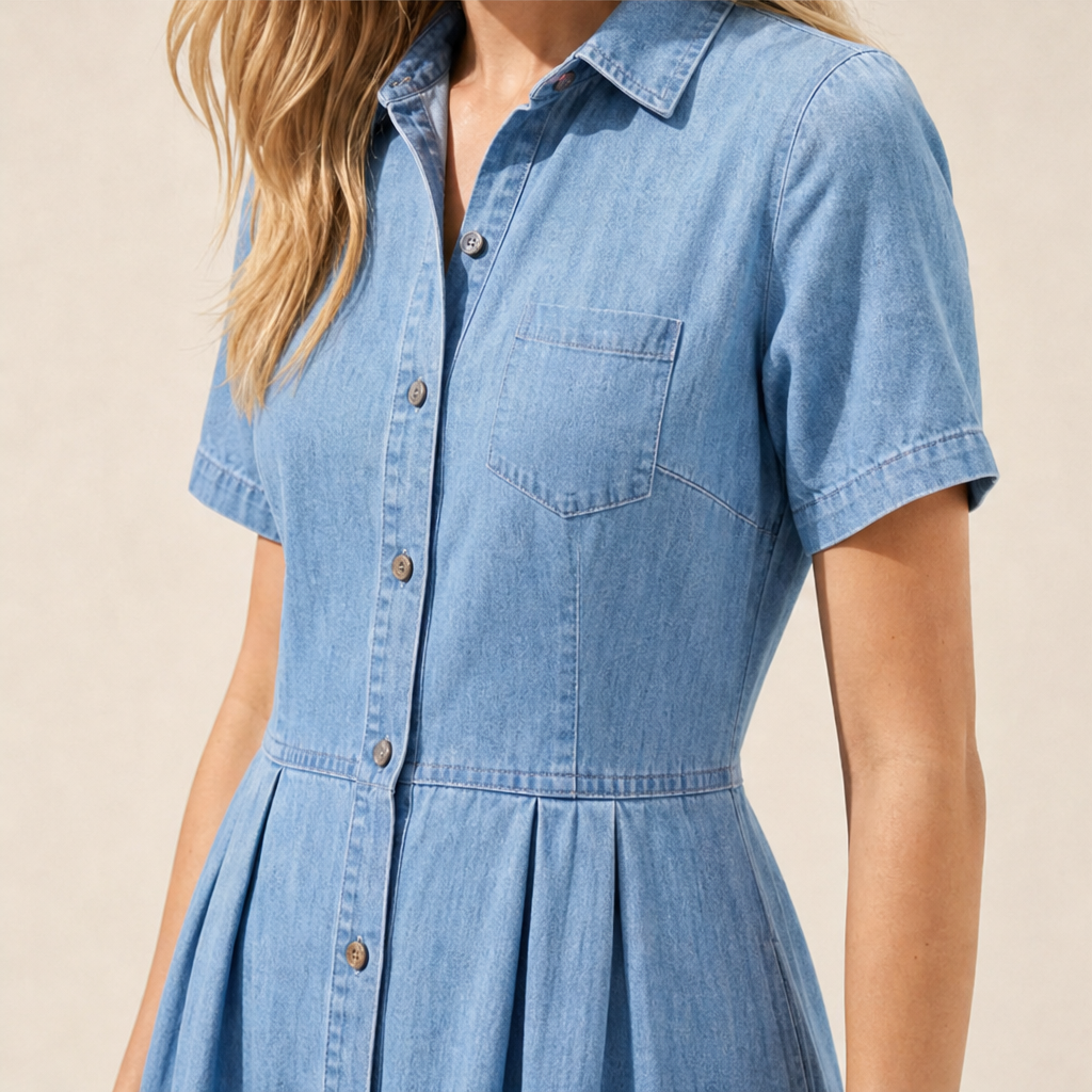 Blue Denim Shirt Dress | Button-Front A-Line Midi - Short Sleeve with Pockets lifestyle
