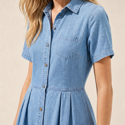 Blue Denim Shirt Dress | Button-Front A-Line Midi - Short Sleeve with Pockets lifestyle