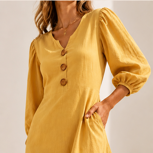 Mustard V-Neck Maxi Dress | Casual Puff Sleeve Long Dress - Linen-Blend with Pockets lifestyle