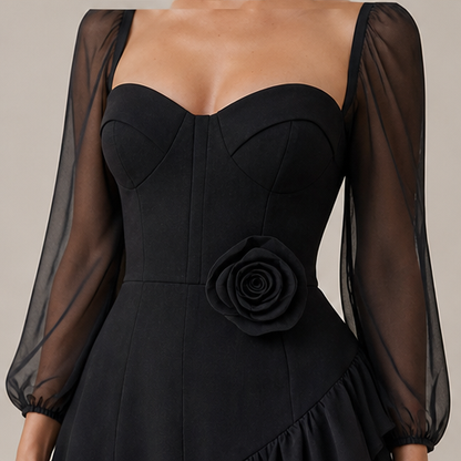 Black Sheer Sleeve Mini Dress | 3D Rose Bustier with Ruffle Hem - Chiffon Balloon Sleeve lifestyle