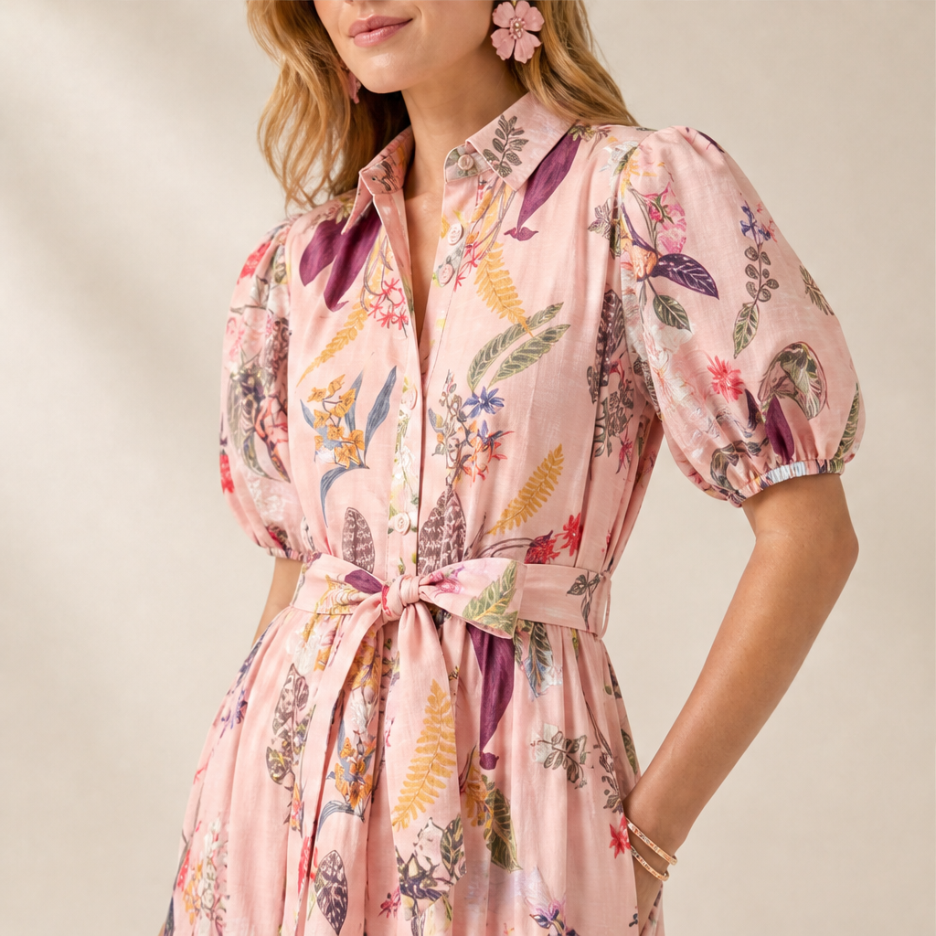 Pink Floral Belted Midi Shirt Dress | Puff Sleeve Botanical Print - Collared Tea Dress with Tie Waist lifestyle
