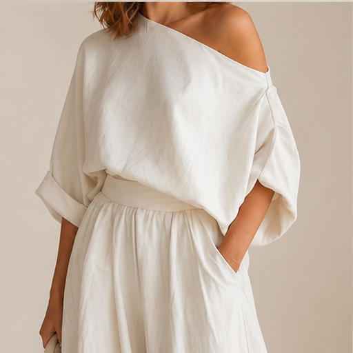 Ivory Off-Shoulder Wide Leg Set | Two-Piece Linen-Look Top & Trousers - Matching Set for Women lifestyle