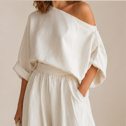 Ivory Off-Shoulder Wide Leg Set | Two-Piece Linen-Look Top & Trousers - Matching Set for Women lifestyle