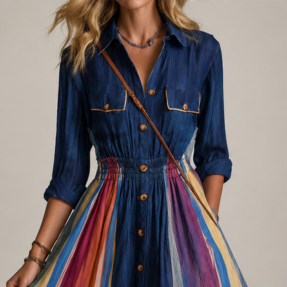 Navy Collar Rainbow Stripe Maxi Dress | Boho Shirt Dress with Elastic Waist - Long Length Split Skirt lifestyle