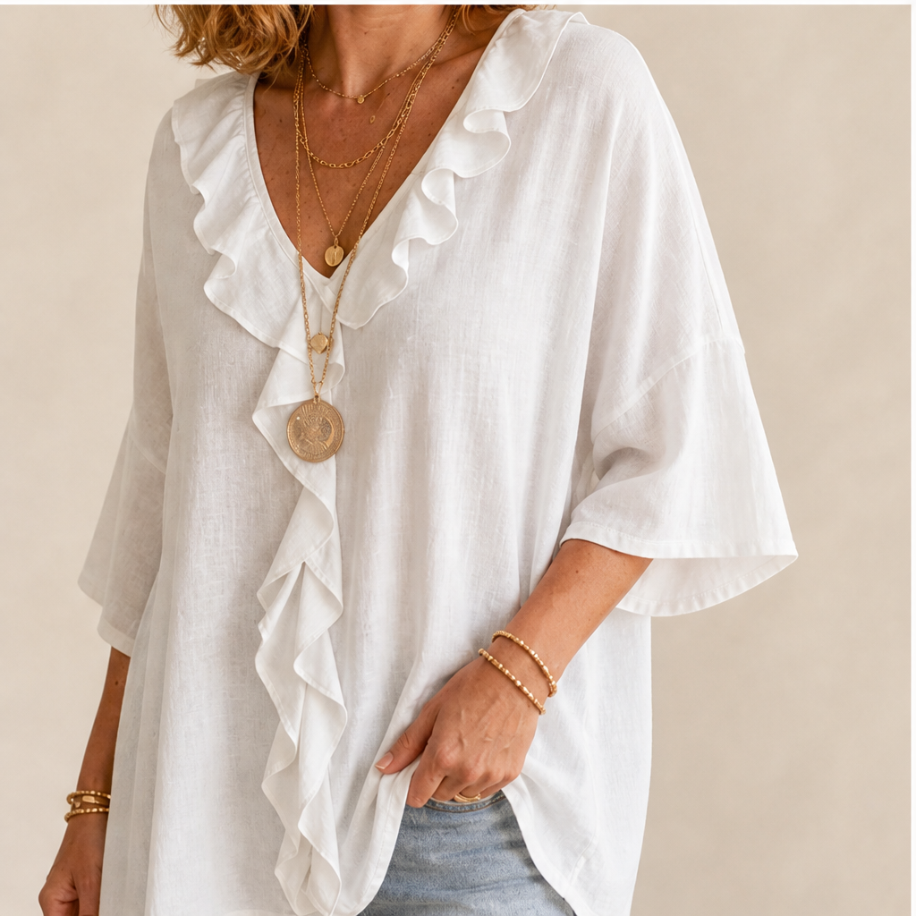 White Ruffle V-Neck Blouse | Elegant Linen-Look Top for Women - Flared Sleeve Tunic lifestyle