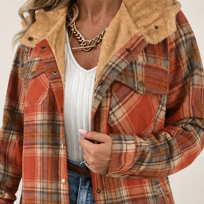 Rust Plaid Flannel Shacket | Hooded Sherpa-Lined Jacket for Women - Thick Checked Coat lifestyle