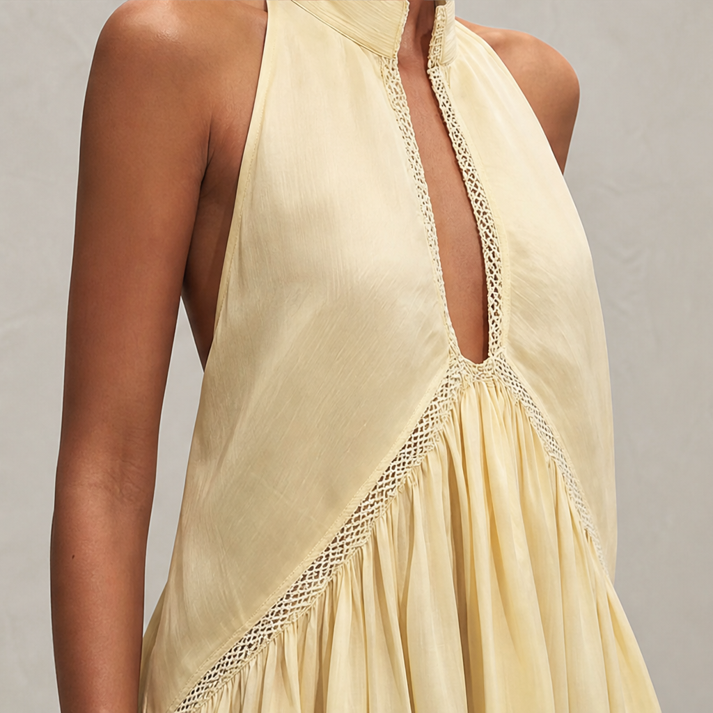 Marigold Women's Sleeveless Deep V-Neck Lace Trim Mini Dress - Flowy Halterneck Summer Dress lifestyle