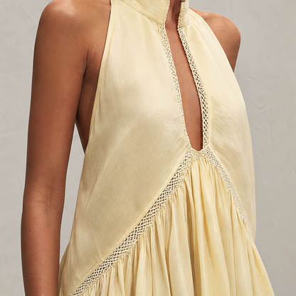 Marigold Women's Sleeveless Deep V-Neck Lace Trim Mini Dress - Flowy Halterneck Summer Dress lifestyle