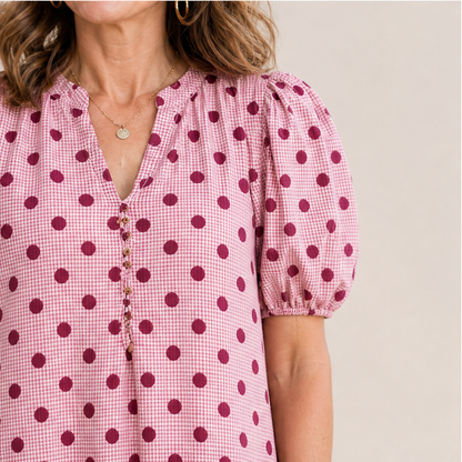 Pink Polka Dot Midi Dress | Puff Sleeve Gingham Tiered Dress - V-Neck Button Front lifestyle