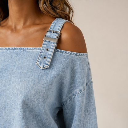 Light Blue Denim Off-Shoulder Top | Women's Buckle Strap Blouse - Long Sleeve Cropped Style lifestyle