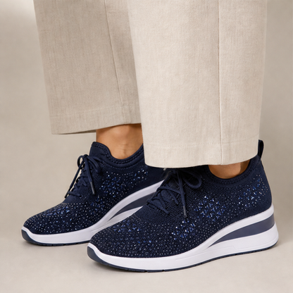 Navy Rhinestone Mesh Sneakers | Wedge Trainers with Sparkle - Breathable Lace-Up Shoes lifestyle
