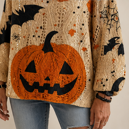 Black Pumpkin Print Sweater | Halloween Crochet Cutout Knit Top - Oversized Long Sleeve for Women lifestyle