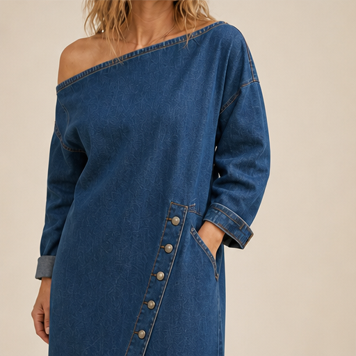 Denim Off-Shoulder Dress | Midi Length Casual Dress - Long Sleeve with Button Front Split lifestyle