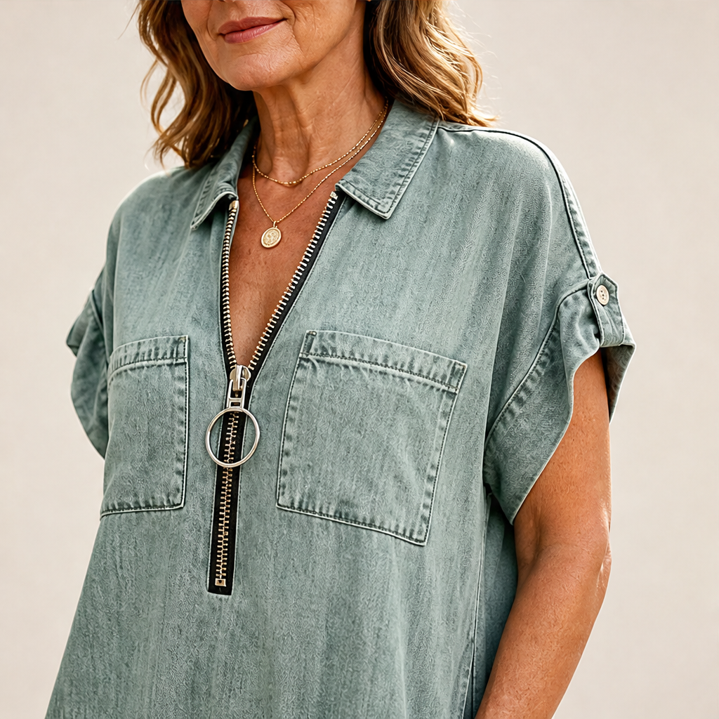 Denim Blue Zip Front Shirt Dress | Adjustable Half-Zip Collared Dress - Short Sleeve with Pockets lifestyle