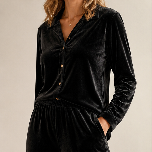 Black Velvet Loungeset | Two-Piece Shirt & Wide Leg Trouser Set for Women lifestyle