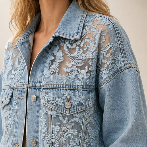 Light Wash Floral Lace Denim Jacket | Loose Fit Patchwork Trucker - Women's Cotton Blend Outerwear lifestyle