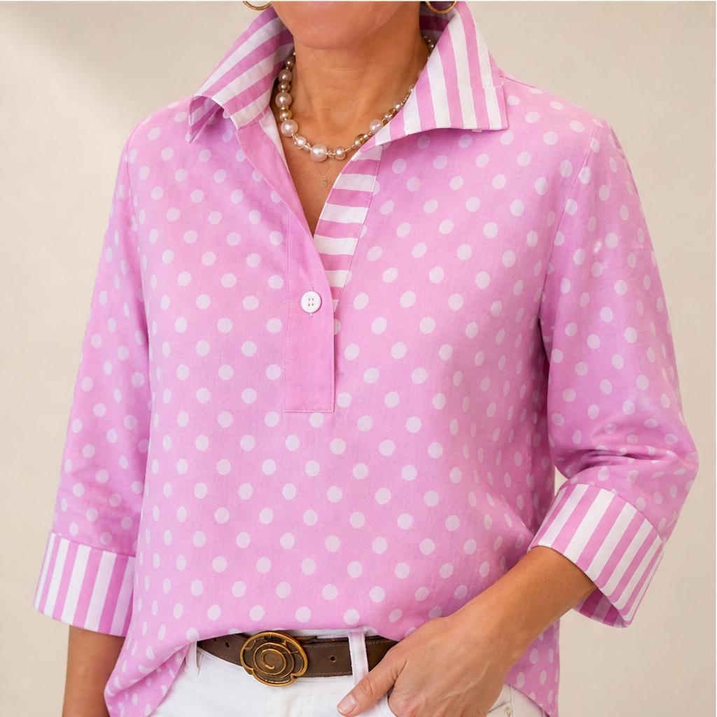 Pink Polka Dot Blouse | Contrast Stripe Popover Top for Women - 3/4 Sleeve Cotton Shirt lifestyle
