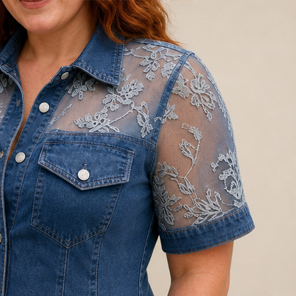 Denim Mini Dress | Sheer Lace Shirt Dress for Women - Button-Front with Pockets lifestyle