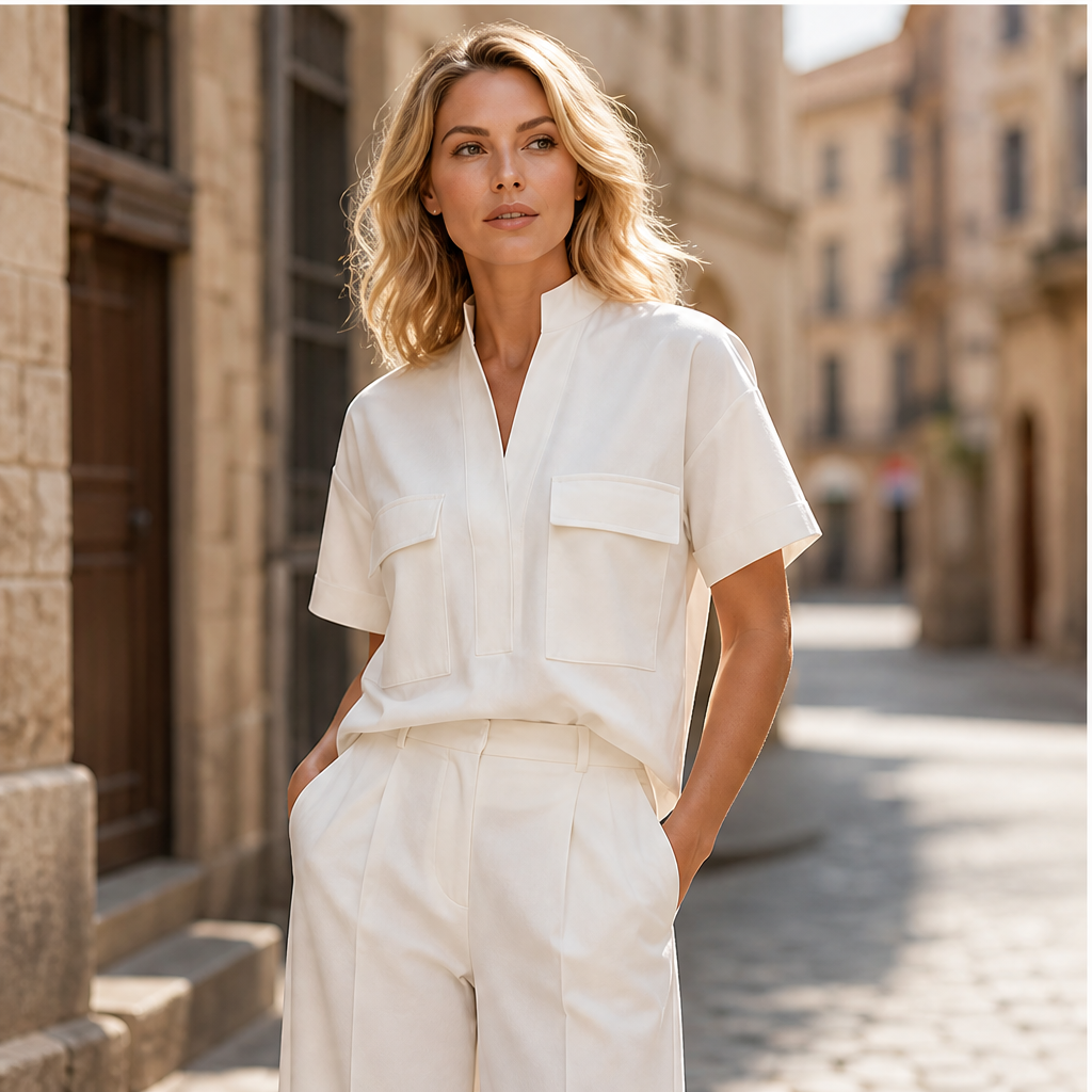 Aveline Women's Tailored Two-Piece Co-ord Set - Wide-Leg Trousers & Short-Sleeve Top Loose Fit Solid Colour Suit features