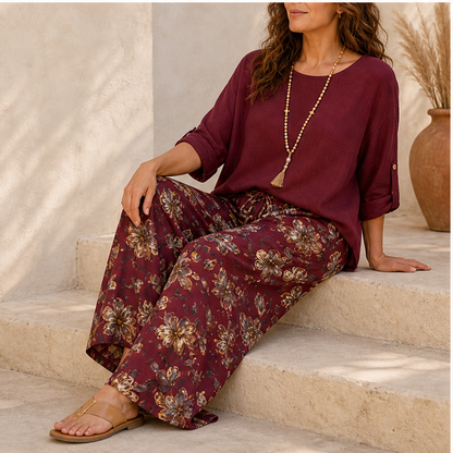 Marisol Women's Boho Two-Piece Cotton Linen Top & Wide-Leg Trouser Set - Floral Print Roll-Sleeve Blouse & Palazzo Trousers lifestyle
