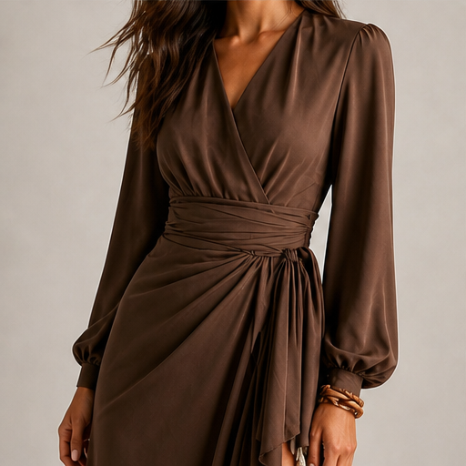 Brown Wrap V-Neck Maxi Dress | Lantern Sleeve Formal Gown - Ruffle Slit Two-Layer Skirt lifestyle