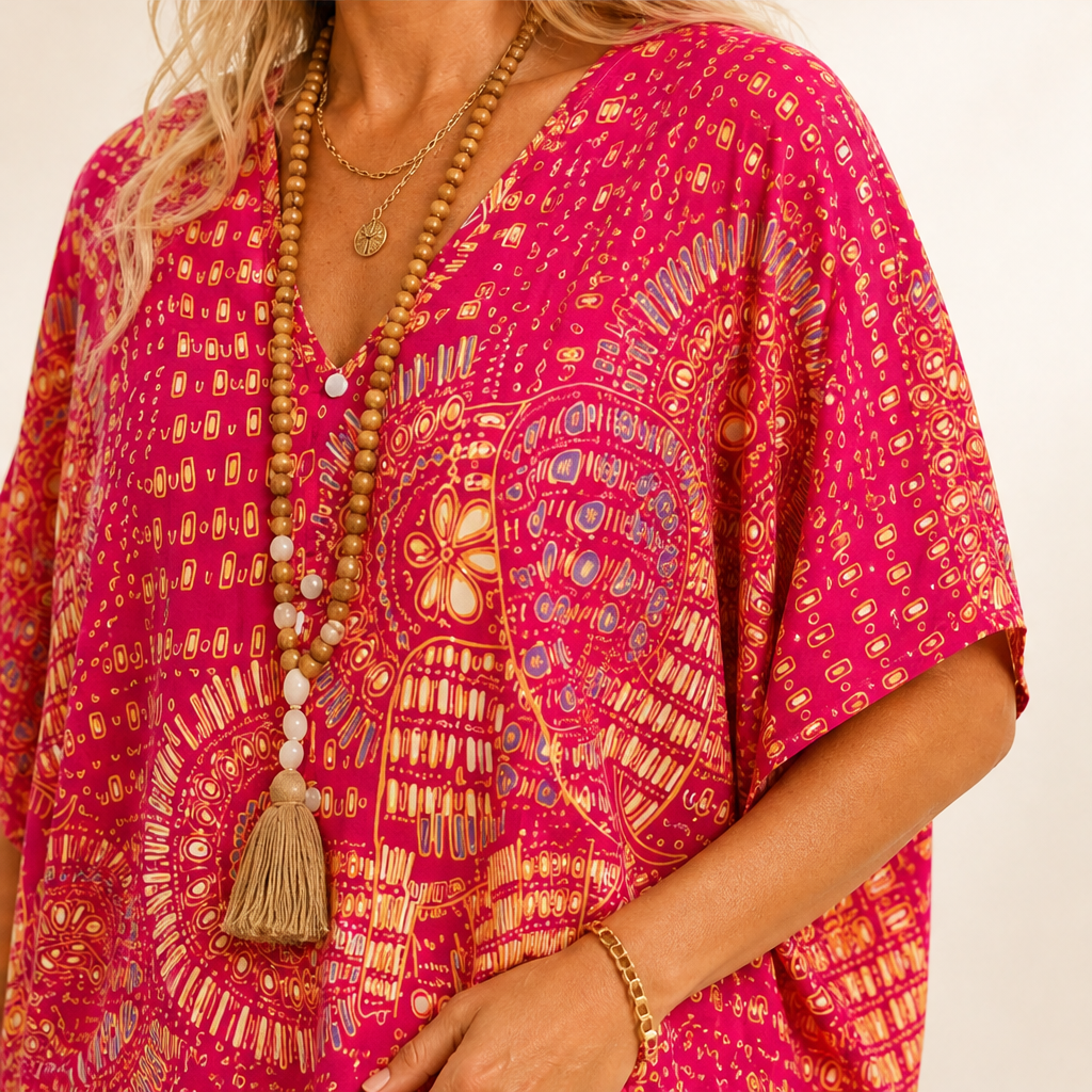 Fuchsia Floral Print Dolman Top | V-Neck Boho Blouse for Women - Batwing Sleeve lifestyle
