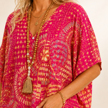 Fuchsia Floral Print Dolman Top | V-Neck Boho Blouse for Women - Batwing Sleeve lifestyle