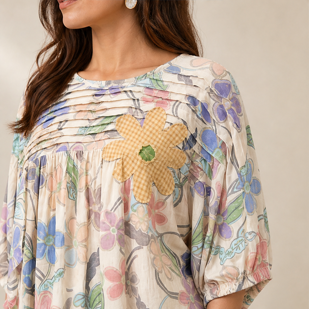 Ivory Floral Print Blouse | Pleated Applique Puff Sleeve Top - Loose Fit Cotton Blend lifestyle