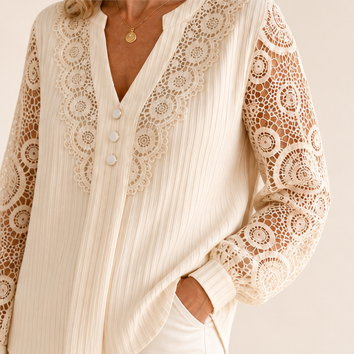 Cream Lace V-Neck Top | Crochet Sleeve Blouse for Women - Long Sleeve Pintuck Top lifestyle