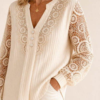 Cream Lace V-Neck Top | Crochet Sleeve Blouse for Women - Long Sleeve Pintuck Top lifestyle