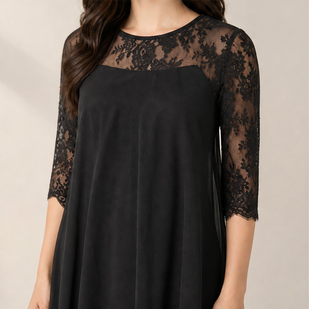 Black Lace Asymmetrical Hem Dress | Elegant Occasion Wear for Women - 3/4 Sleeve Chiffon Overlay lifestyle