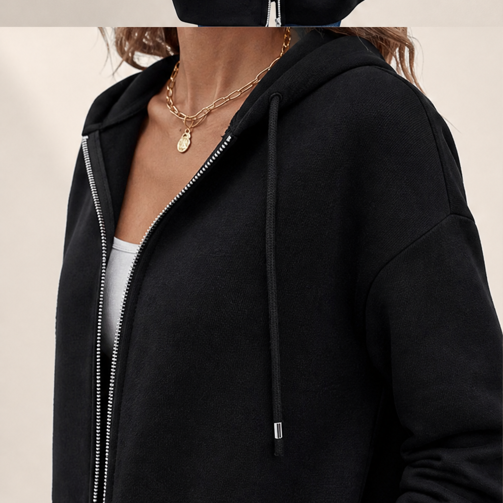 Black Longline Zip-Up Hoodie | Fleece-Lined Long Hooded Sweatshirt for Women - with Pockets lifestyle