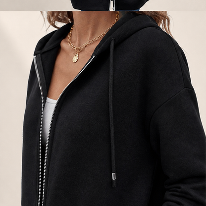 Black Longline Zip-Up Hoodie | Fleece-Lined Long Hooded Sweatshirt for Women - with Pockets lifestyle