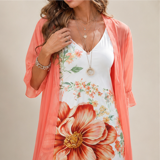 Coral Floral Swing Dress | Two-Piece Maxi Dress with Chiffon Cover-Up - Lace Detail lifestyle