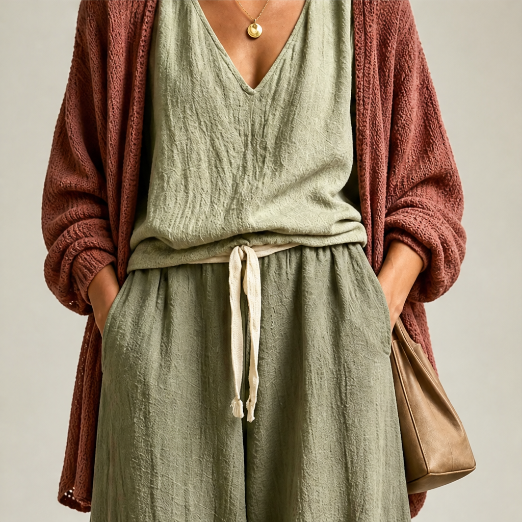 Green Three-Piece Harem Trouser Set | Tank Top, Cardigan & Wide-Leg Pants - Women's Knit Loungewear lifestyle