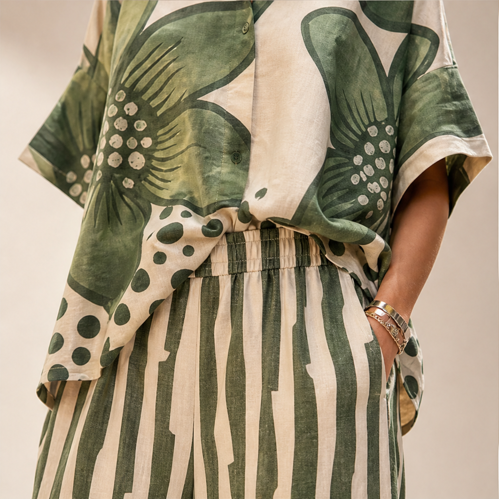 Green Floral Print Two-Piece Set | Short Sleeve Top & Wide Leg Trousers - Women's Loose Fit Matching Set lifestyle