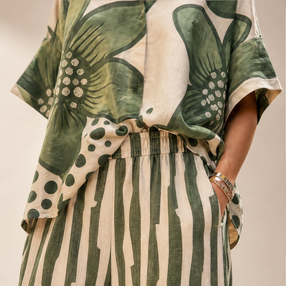 Green Floral Print Two-Piece Set | Short Sleeve Top & Wide Leg Trousers - Women's Loose Fit Matching Set lifestyle
