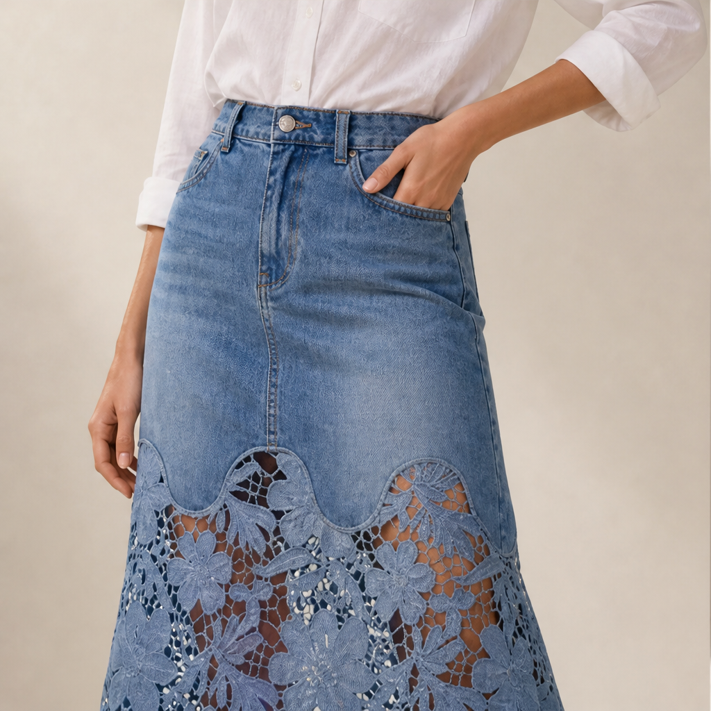 Denim Lace Hem Maxi Skirt | High-Waisted A-Line Style - Floral Crochet Trim lifestyle