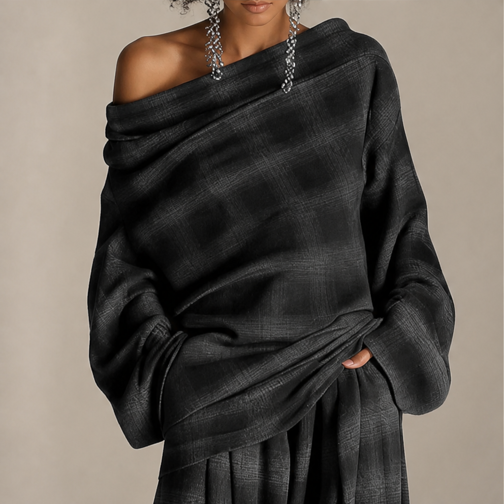 Grey Plaid Off Shoulder Top and Pants Set | Loose Two Piece Outfit - Wide Leg Trousers lifestyle