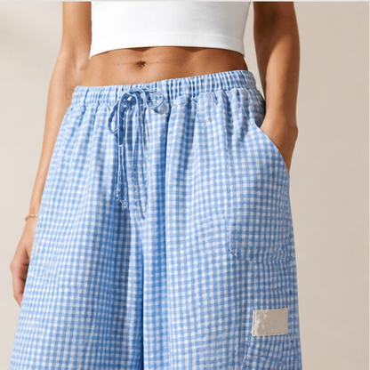 Blue Gingham Wide Leg Trousers | Women's Linen-Blend Plaid Trousers - Drawstring Waist with Pockets lifestyle