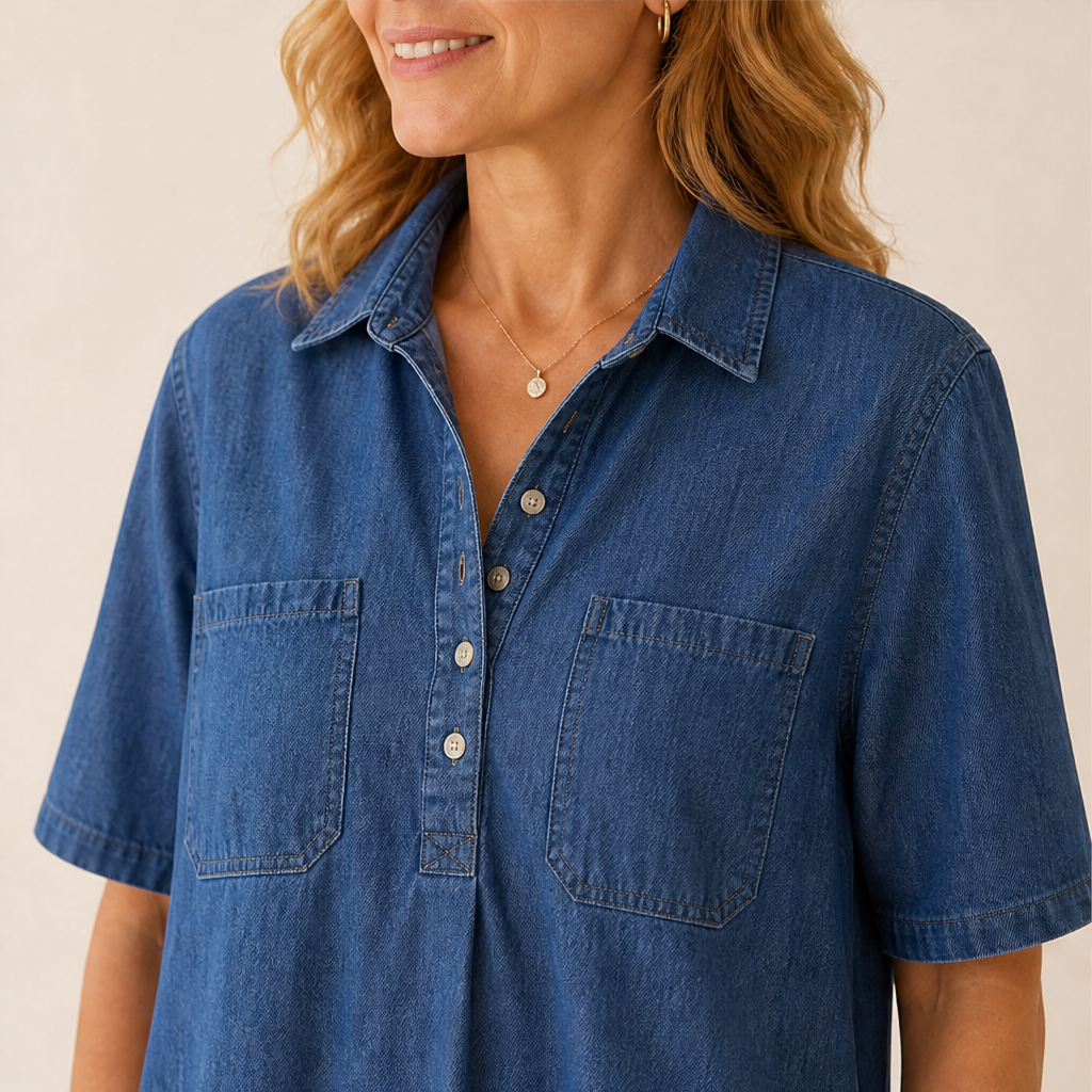 Denim Midi Shirt Dress | Casual Short Sleeve Dress with Pockets - Relaxed Fit lifestyle