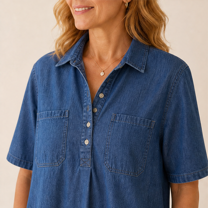 Denim Midi Shirt Dress | Casual Short Sleeve Dress with Pockets - Relaxed Fit lifestyle