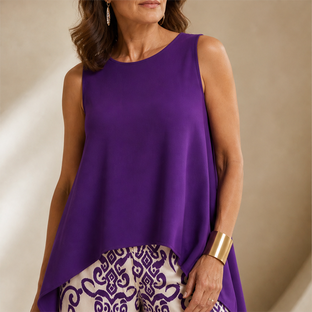 Purple Sleeveless Top & Wide Leg Trouser Set | Ikat Print Two-Piece Outfit for Women lifestyle